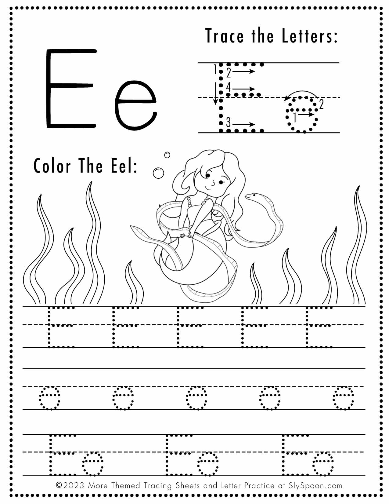 trace letter e worksheet