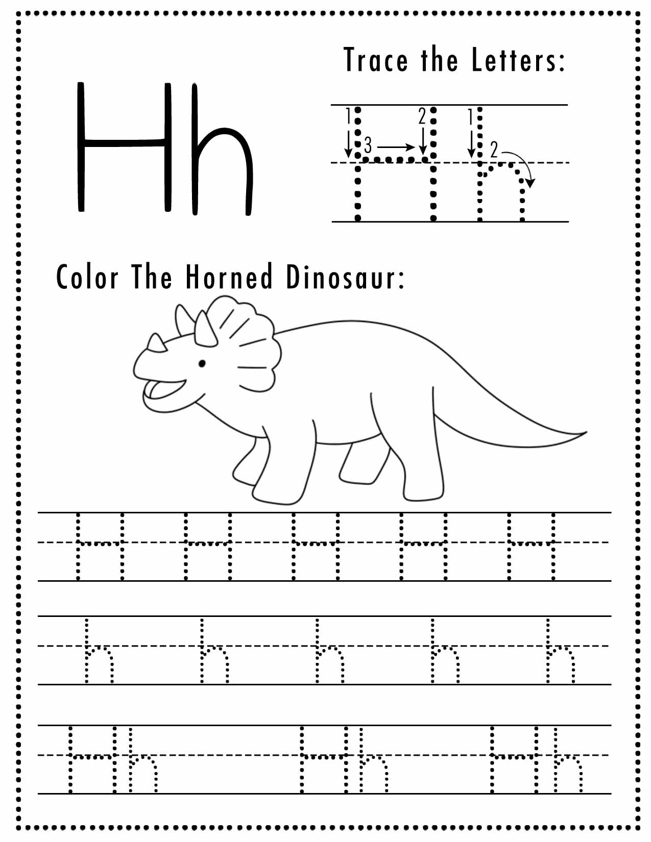 Free Letter H Tracing Worksheet Printable Dinosaur Themed Sly Spoon