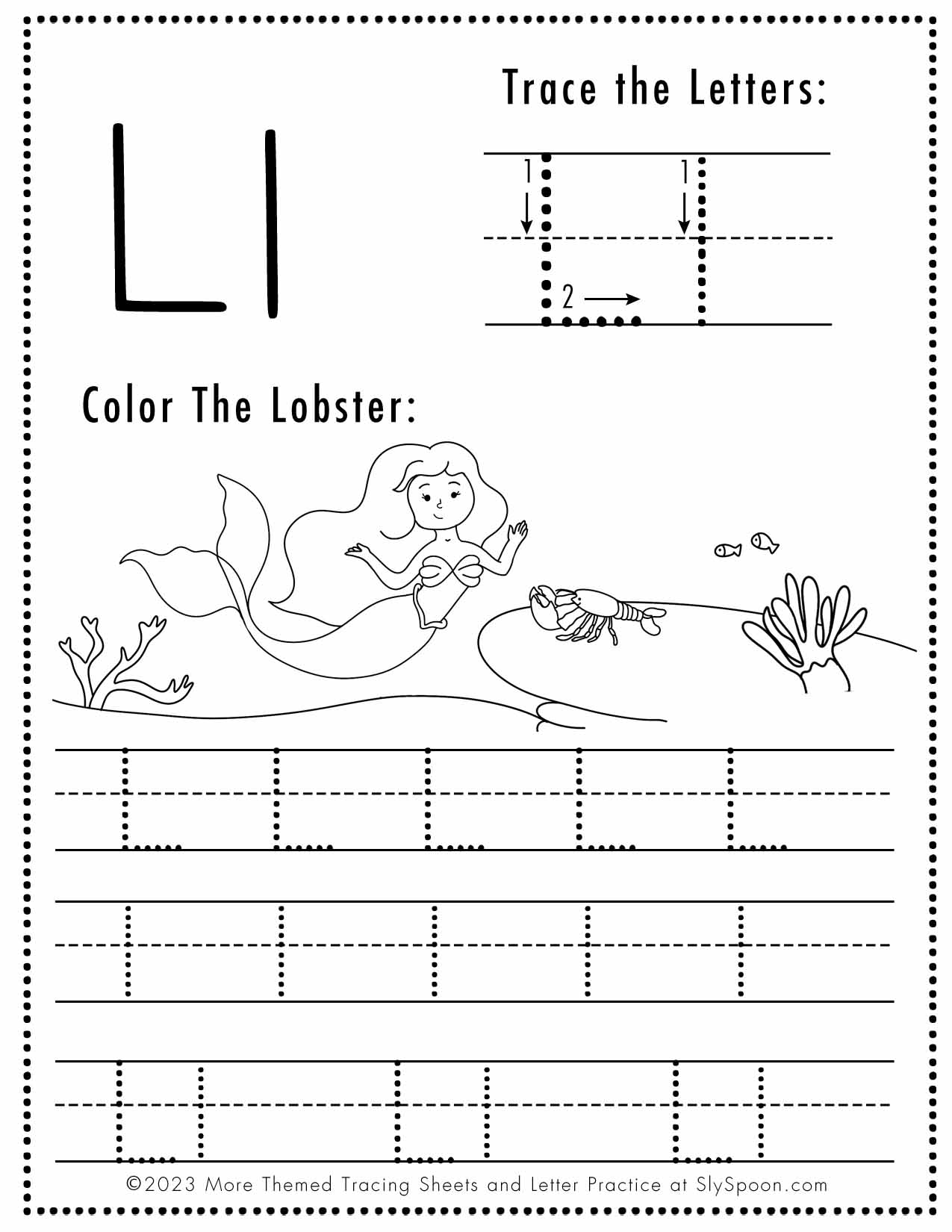 Free Letter L Tracing Worksheet Printable Mermaid Themed Sly Spoon