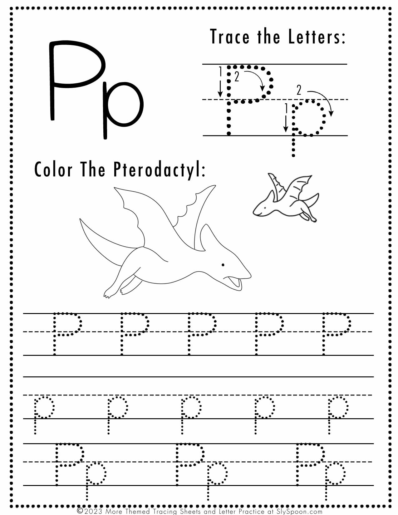 Free Letter P Tracing Worksheet Printable Dinosaur Themed Sly Spoon
