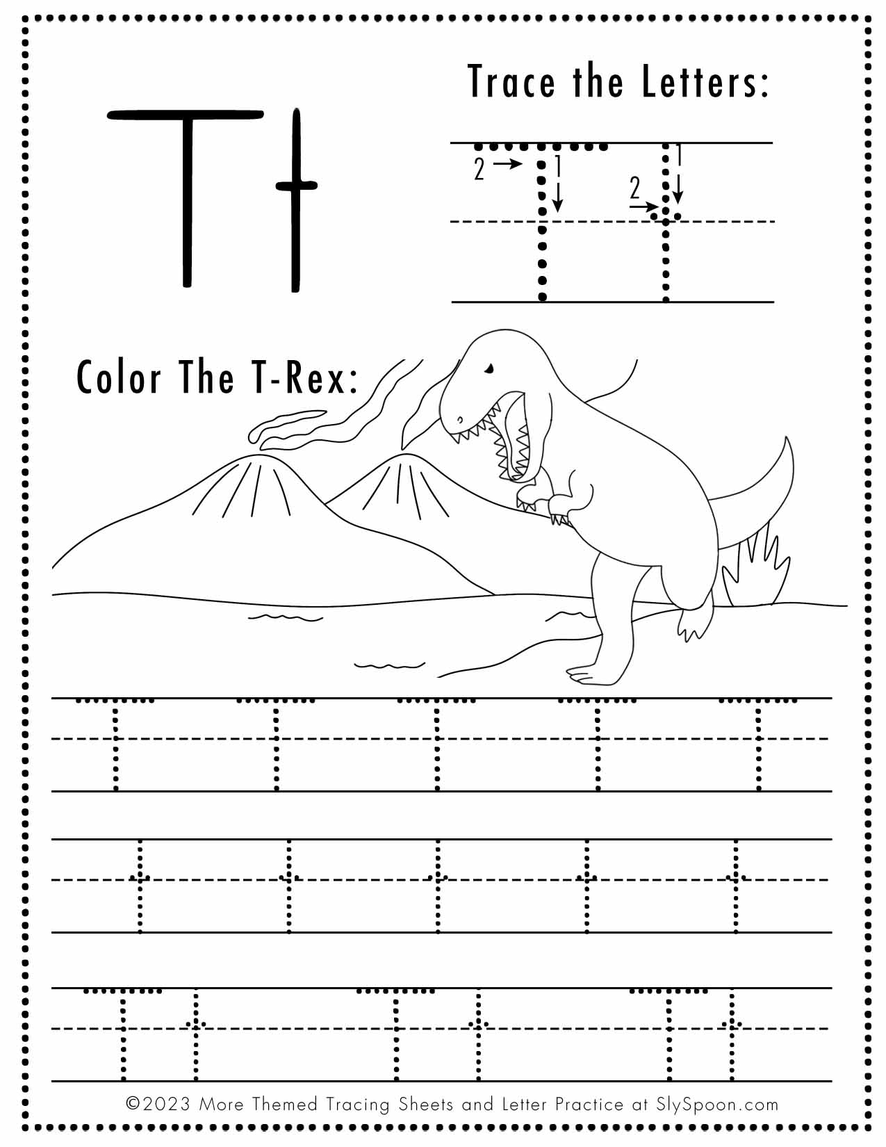 Free Letter T Tracing Worksheet Printable Dinosaur Themed Sly Spoon