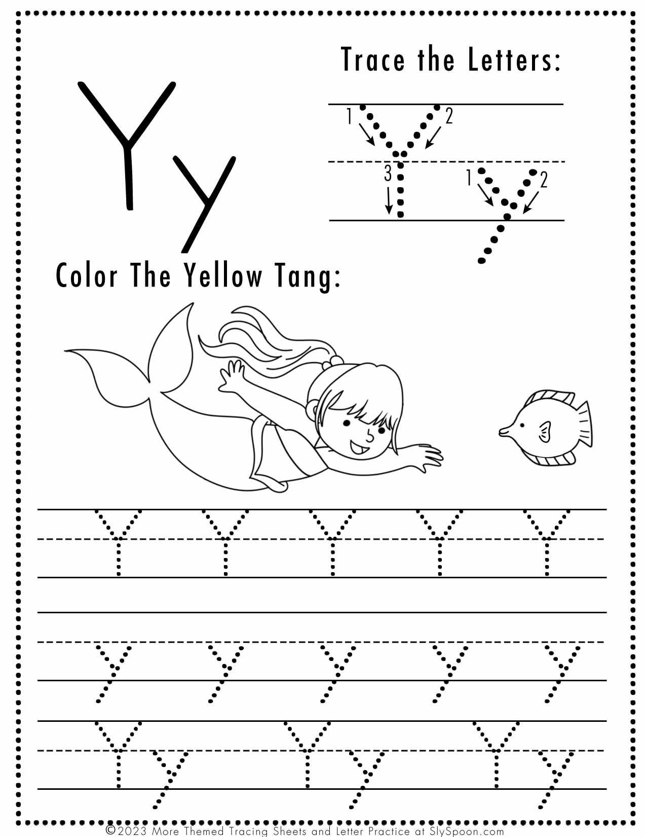 Free Letter Y Tracing Worksheet Printable Mermaid Themed Sly Spoon