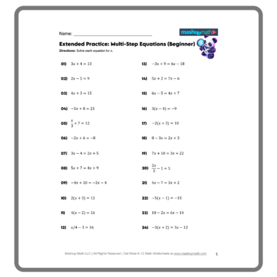 Free Multi Step Equations Worksheets Mashup Math