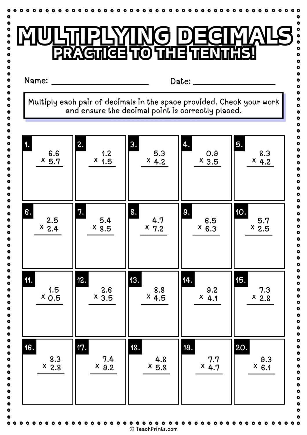 Free Multiplying Decimals Worksheets Teach Prints