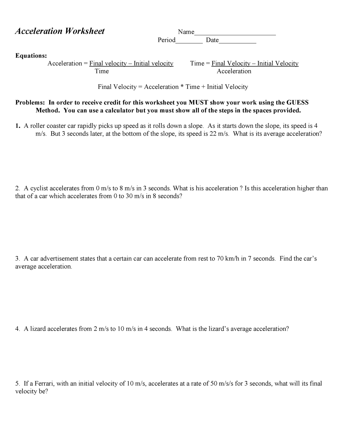 acceleration worksheet with answers pdf
