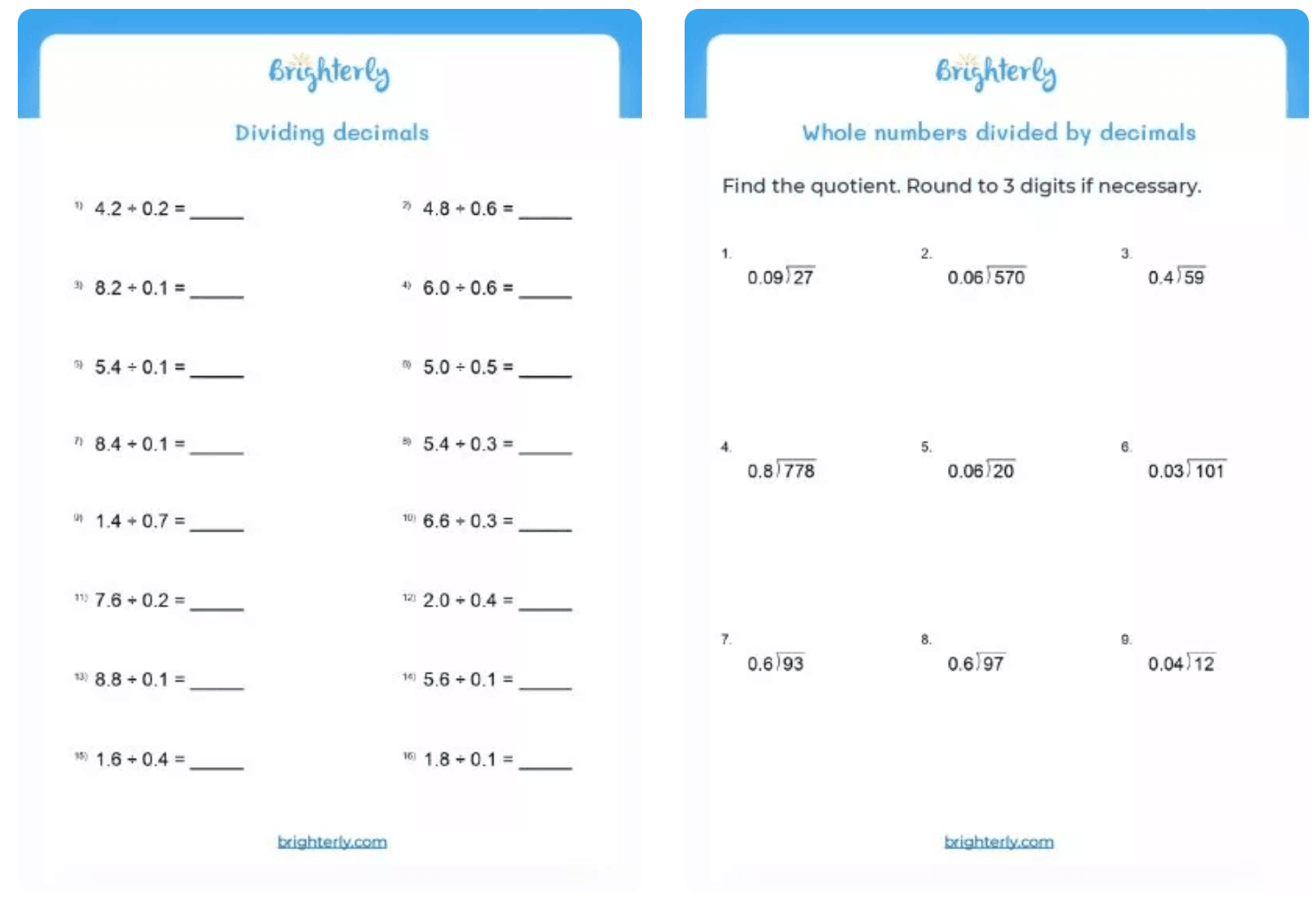 Free Printable Dividing Decimals Worksheet PDF Brighterly