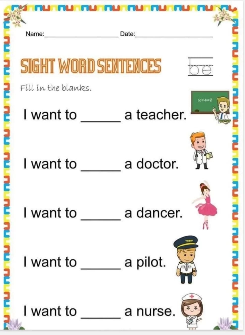 sight words for kindergarten worksheets pdf