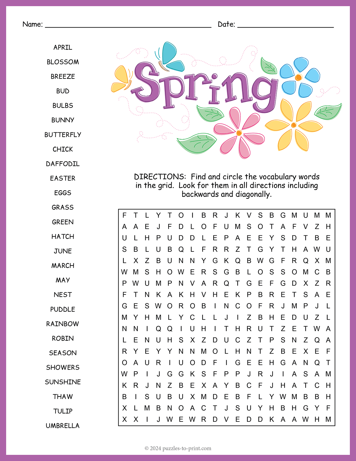Free Printable Spring Word Search