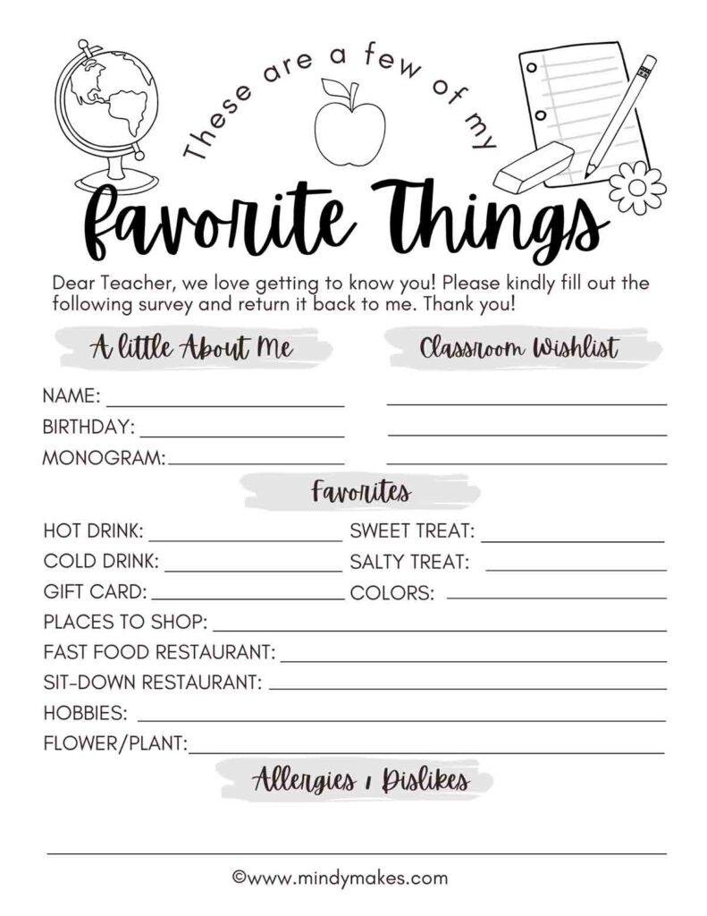 FREE Printable Teacher Favorite Things MindyMakes