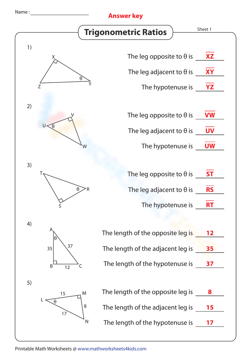 Free Printable Trigonometric Ratios Worksheet Answers Worksheets Library