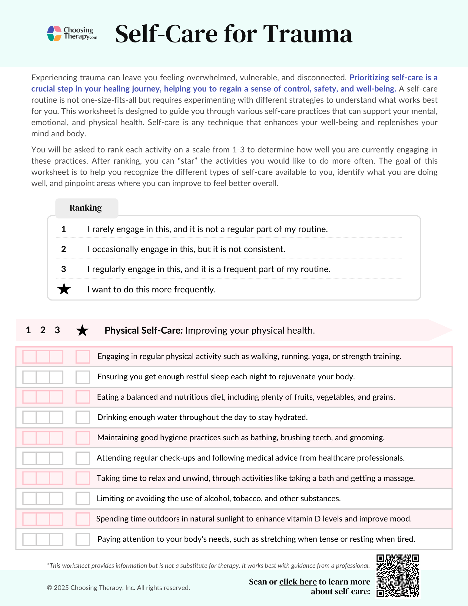 Free Self Care For Trauma Worksheet Printable PDF ChoosingTherapy