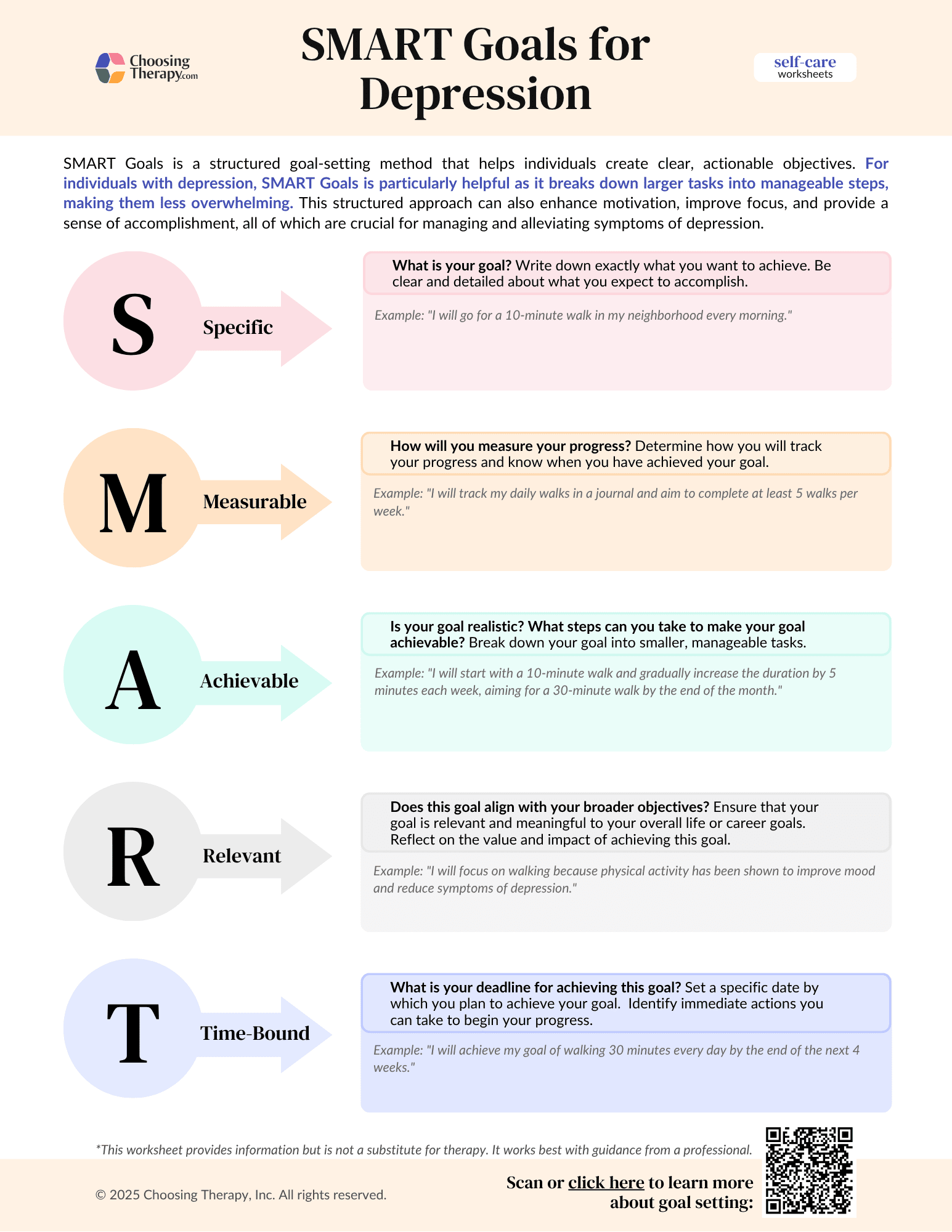 Free SMART Goals For Depression Worksheet PDF Download ChoosingTherapy