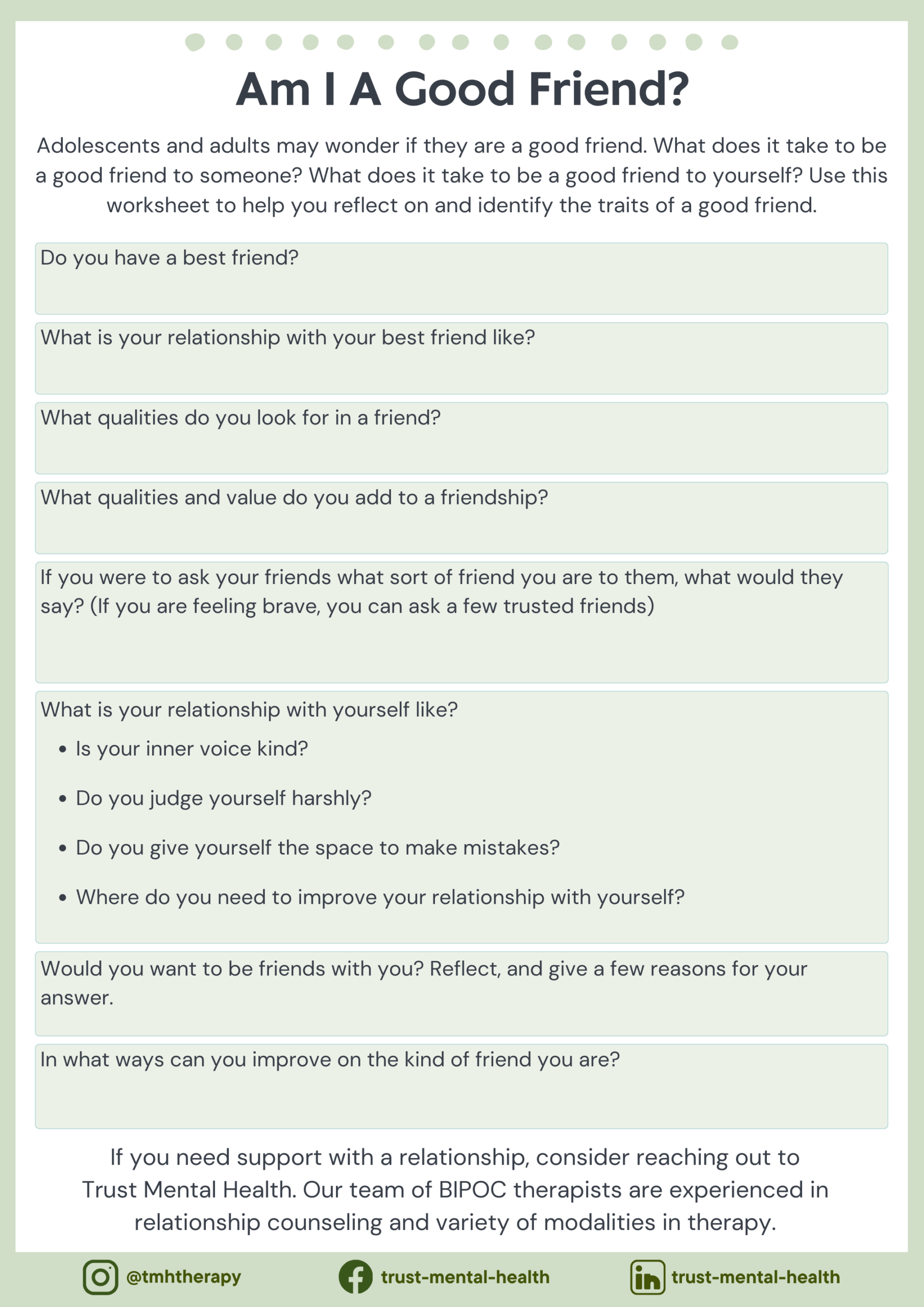 Friendship Worksheets Trust Mental Health