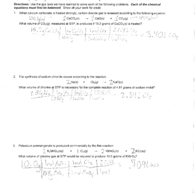 Gas Law Stoichiometry Worksheet Answer Key Exercises Chemistry Docsity