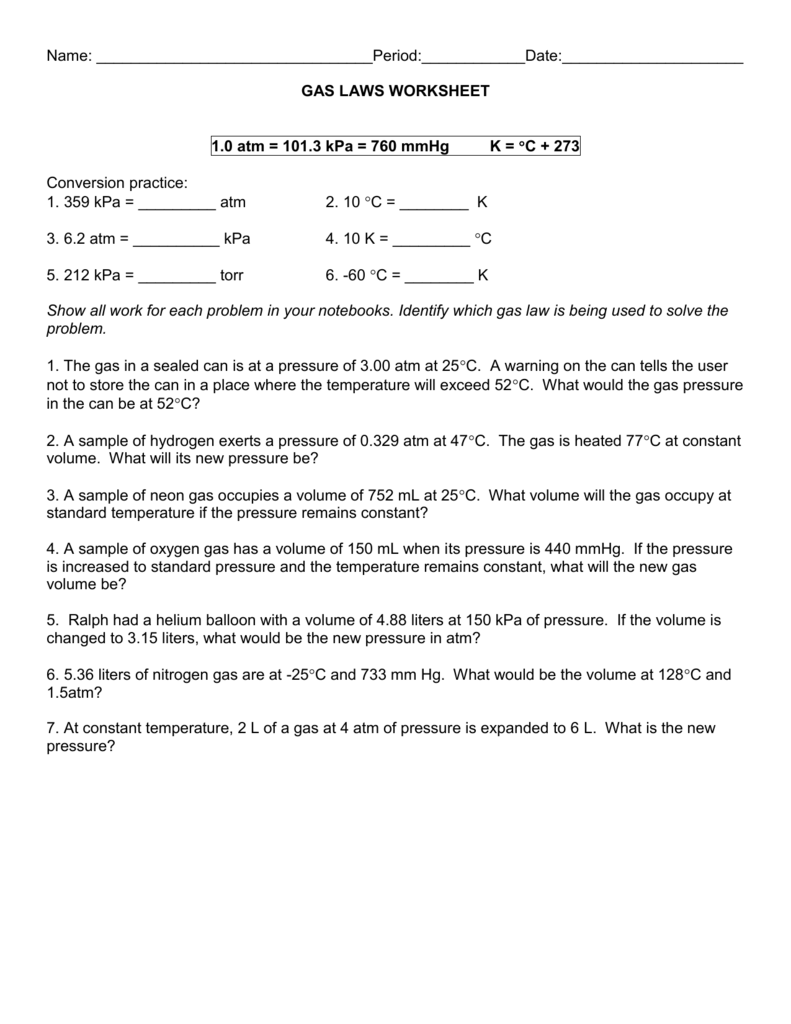 Gas Laws Worksheet Chemistry Practice Problems Gas Laws Worksheet Chemistry Practice Problems