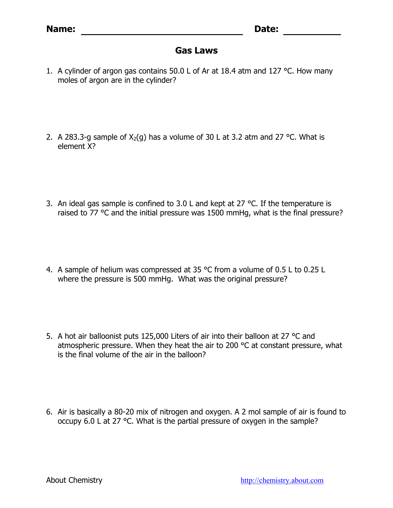 Gas Laws Worksheet Chemistry Problems Gas Laws Worksheet Chemistry Problems