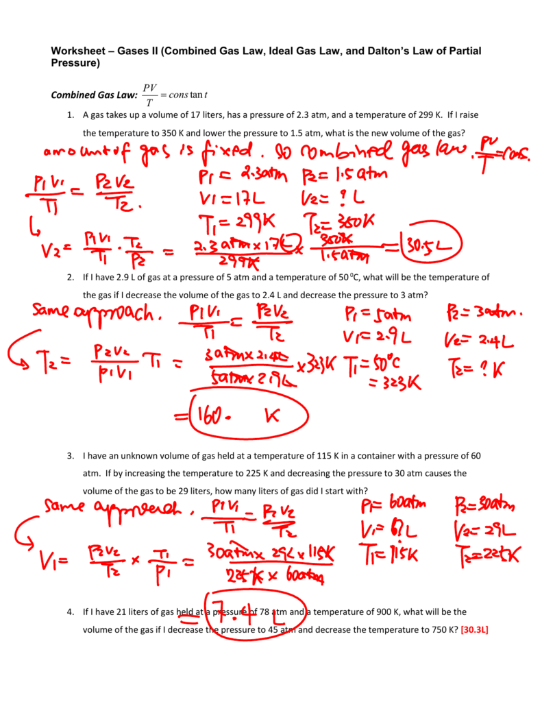 Gas Laws Worksheet Combined Ideal And Partial Pressure Gas Laws Worksheet Combined Ideal And Partial Pressure