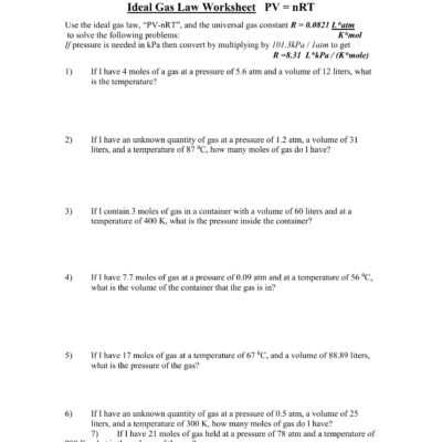 Gas Laws Worksheet Ideal Combined Gas Law Problems