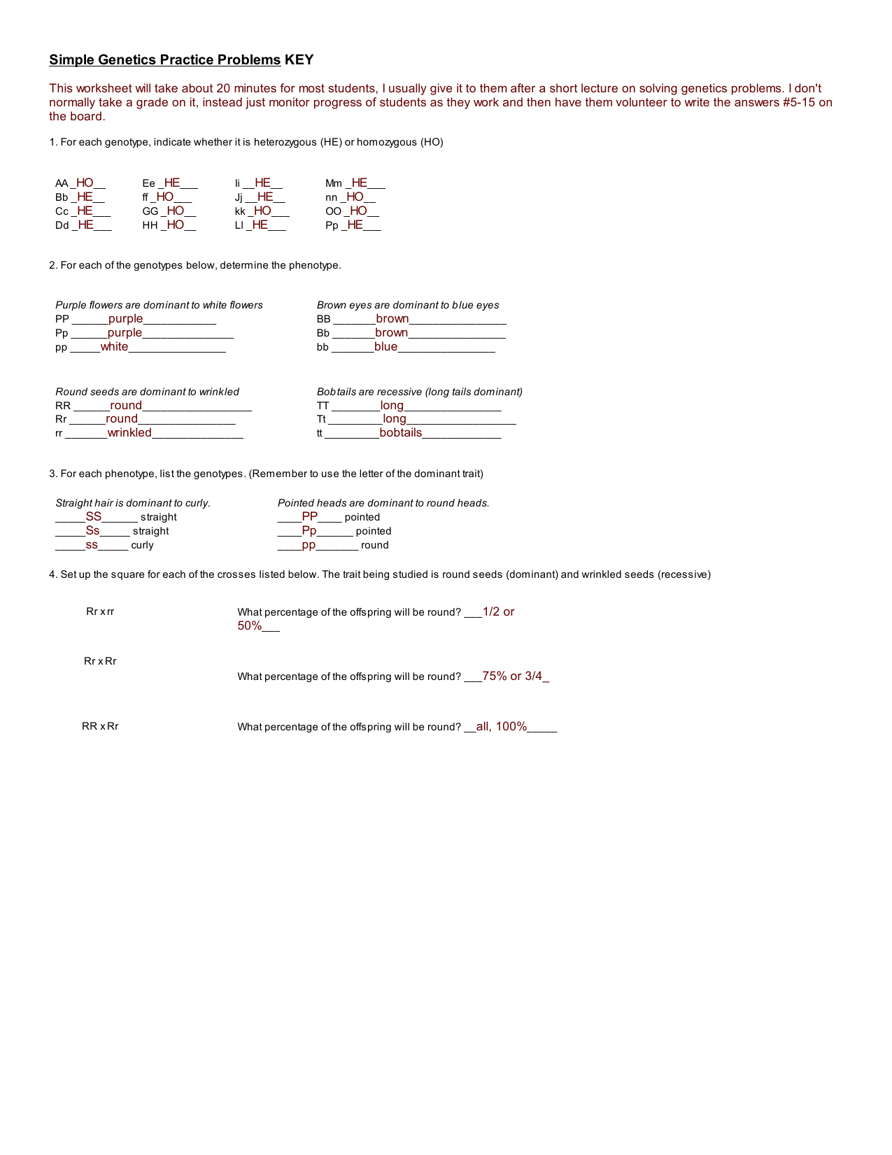 Genetics Practice Problems Worksheet With KEY Genetics Practice Problems Worksheet With KEY