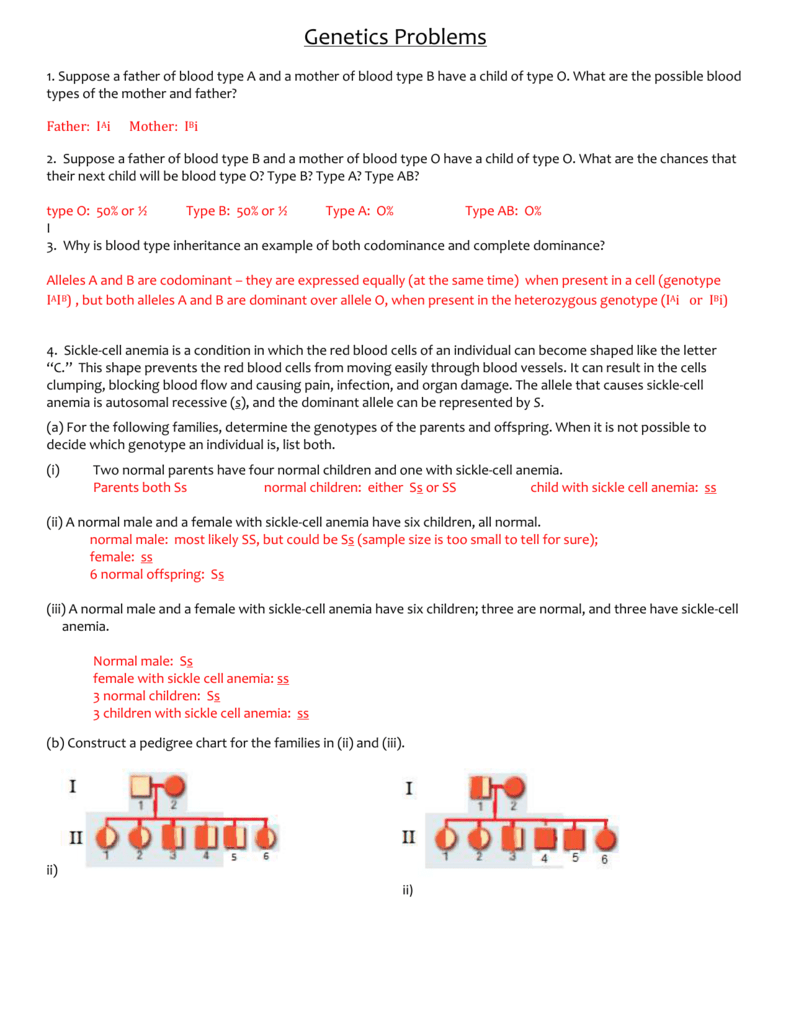 Genetics Problems Blood Types Sickle Cell Pedigrees