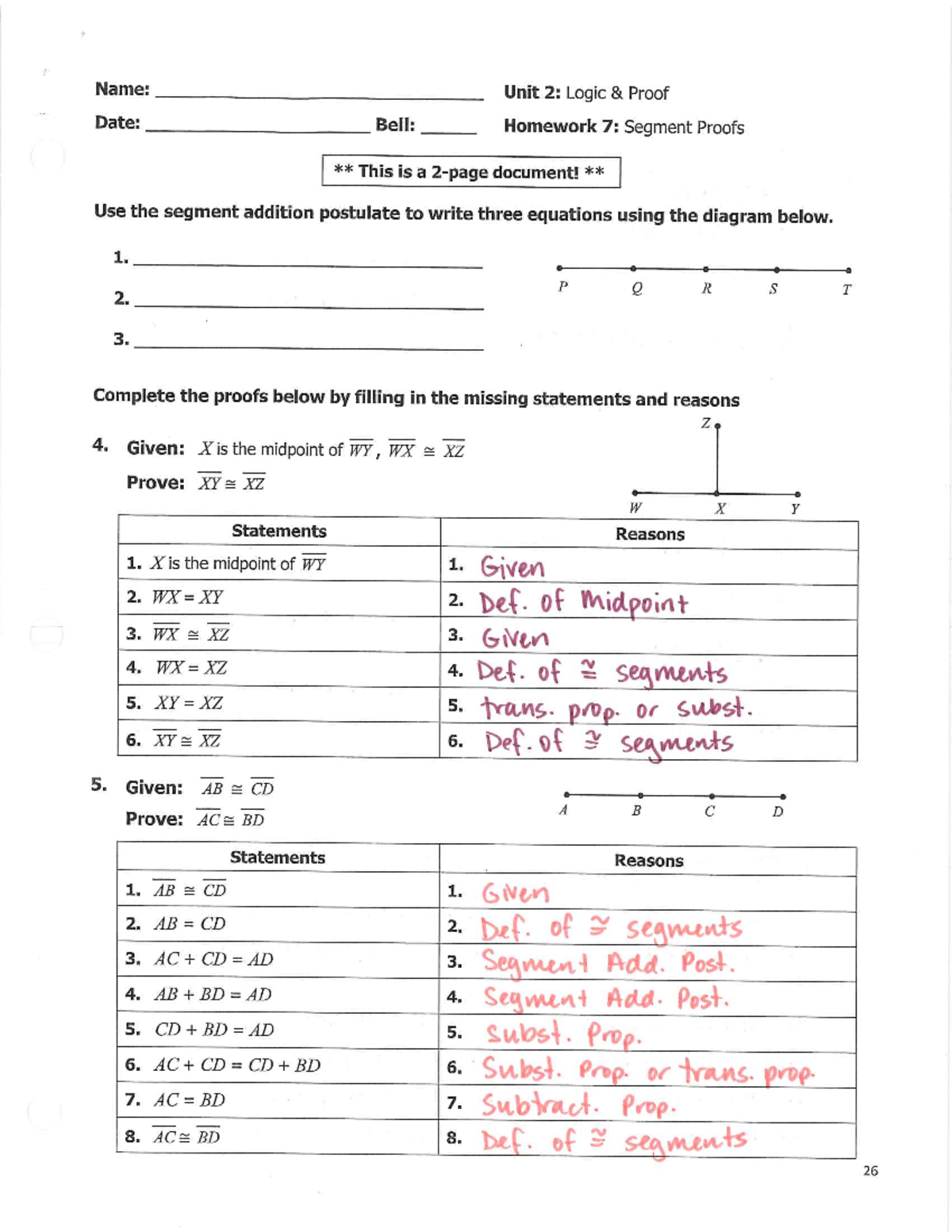Geometry Honors Unit 2 Homework 7 Segment Proofs Answers Studocu