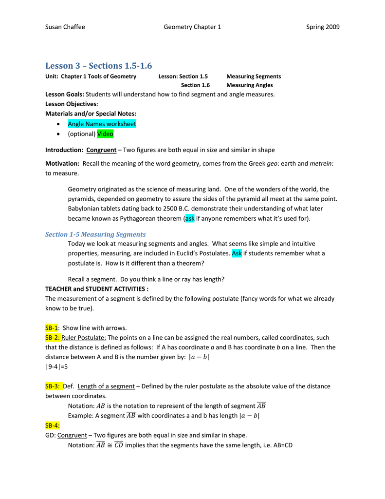 Geometry Measuring Segments Angles Lesson Plan