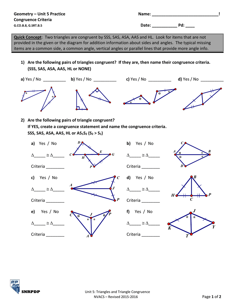 Geometry Triangle Congruence Practice Worksheet