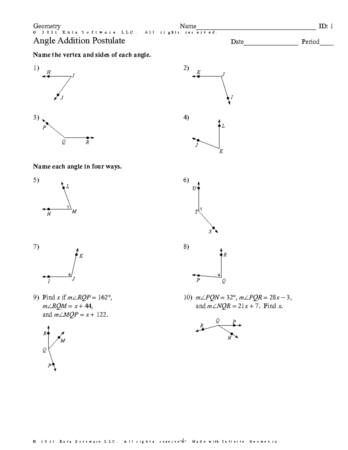 angle addition postulate worksheet answers