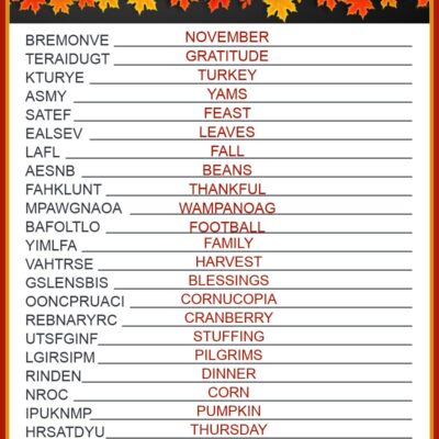 Get A Free Printable Thanksgiving Word Scramble With Answers