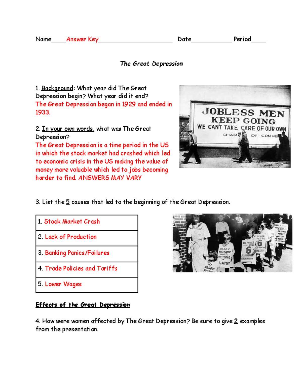 GGH 101 Answer Key For Great Depression Worksheet Studocu