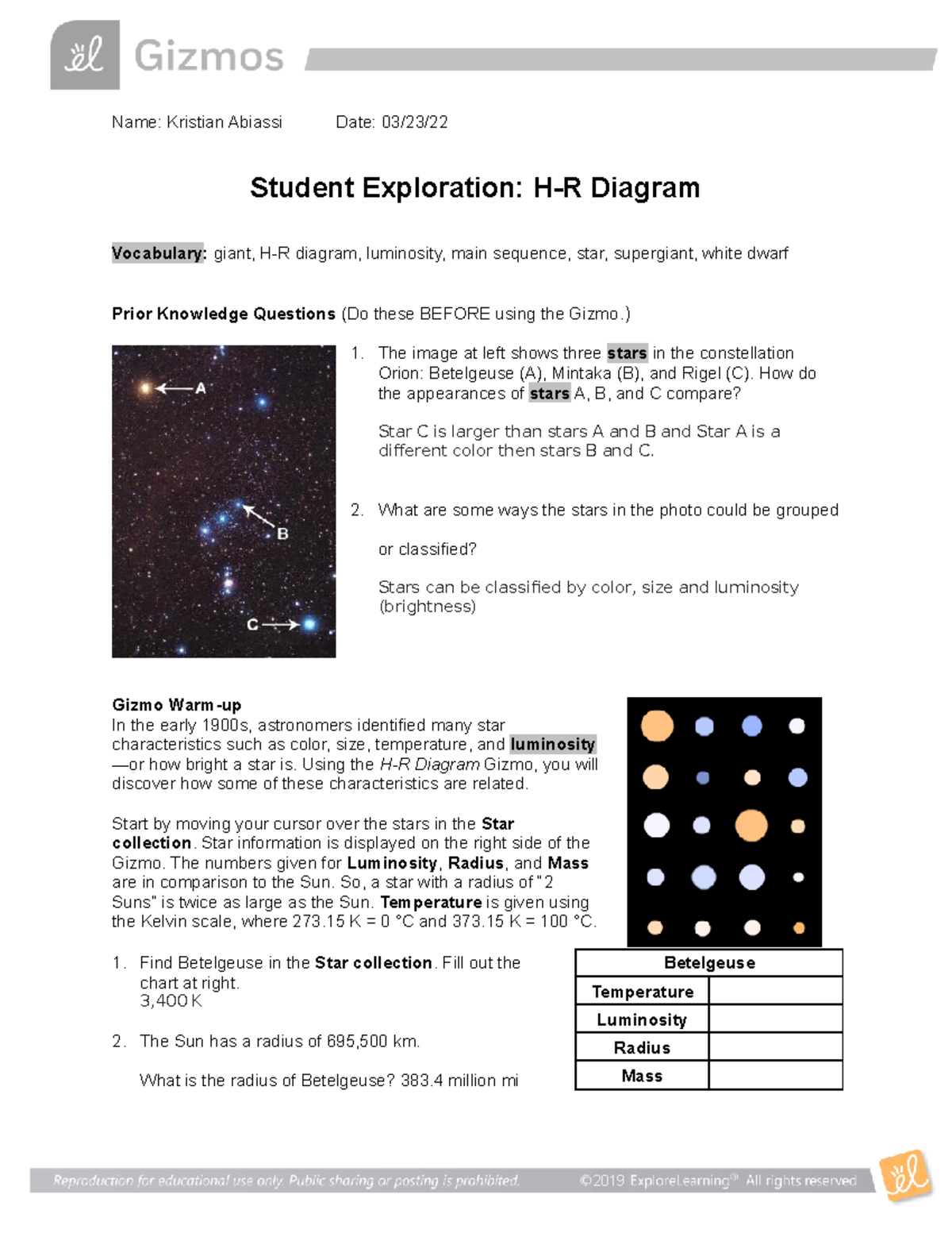 Gizmo H R Diagram Exploration Science Worksheet Science 101 Studocu
