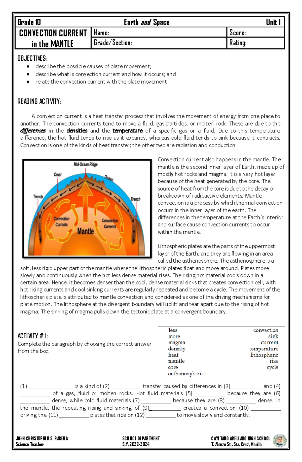 Grade 10 Earth Science Mantle Convection Current Worksheet Studocu Grade 10 Earth Science Mantle Convection Current Worksheet Studocu