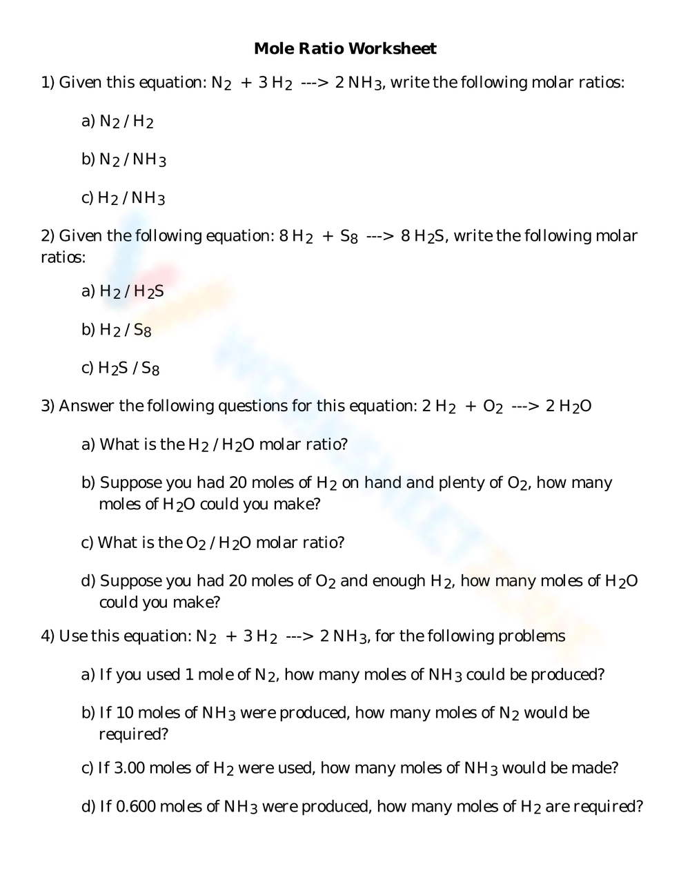 Grade 10 Mole Ratio Worksheets