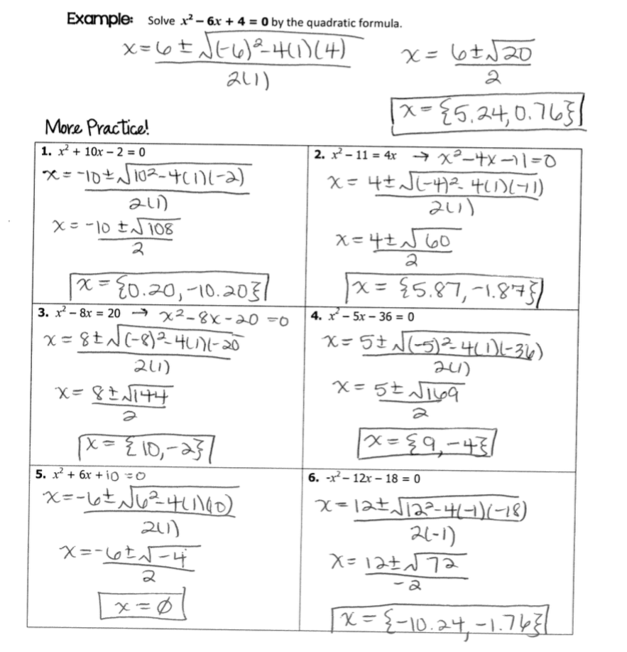 Grade 6 Math With Ms Eringis Answer Key Quadratic Formula Practice