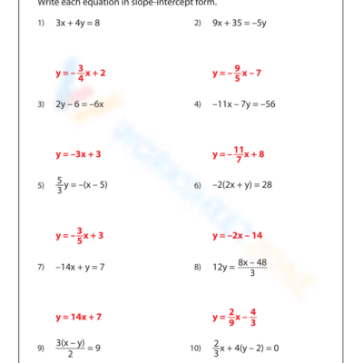 Grade 8 Slope Intercept Form Worksheets Printable