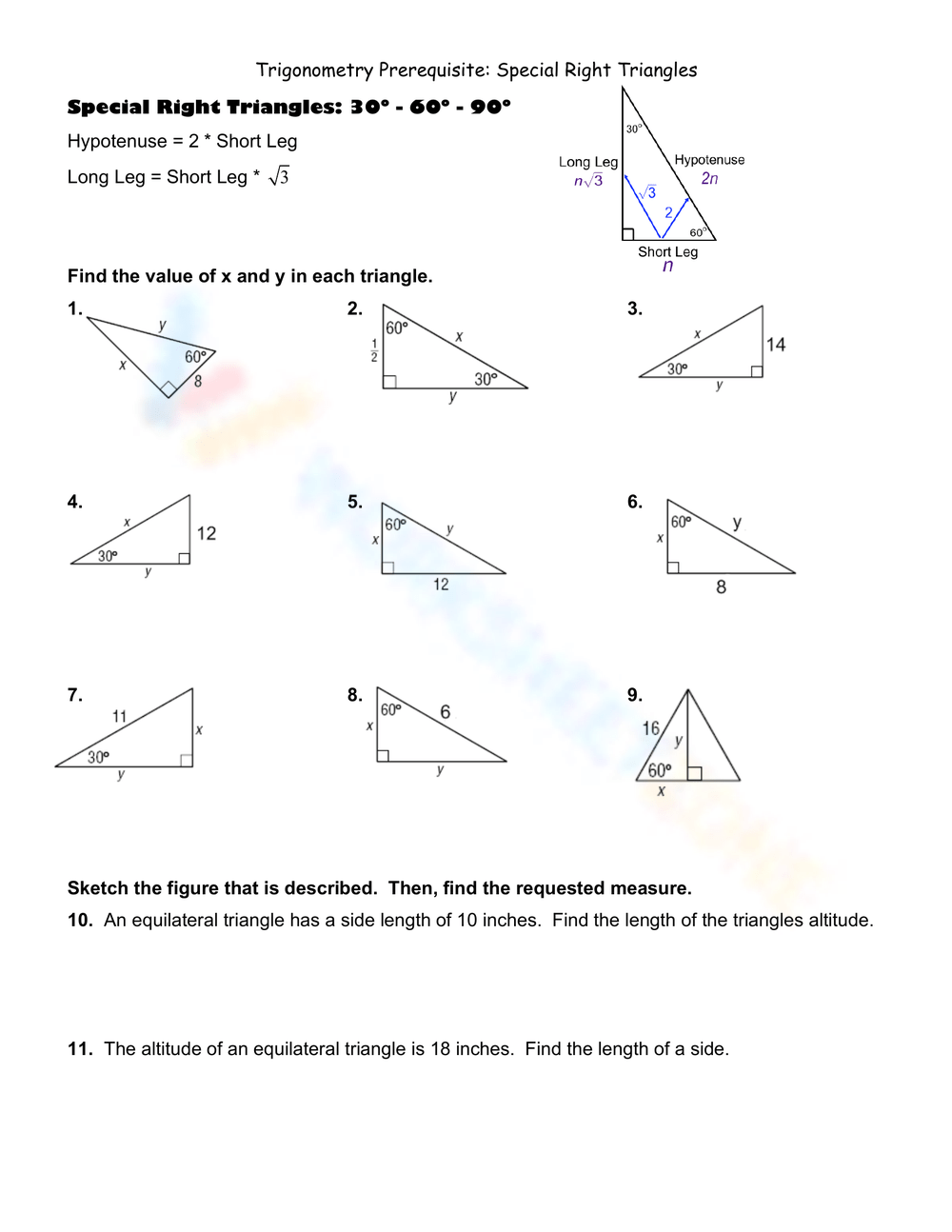 special right triangles pdf worksheet
