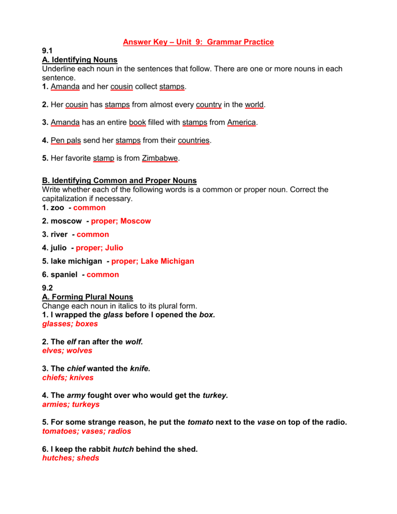 Grammar Practice Answer Key Nouns And Plurals