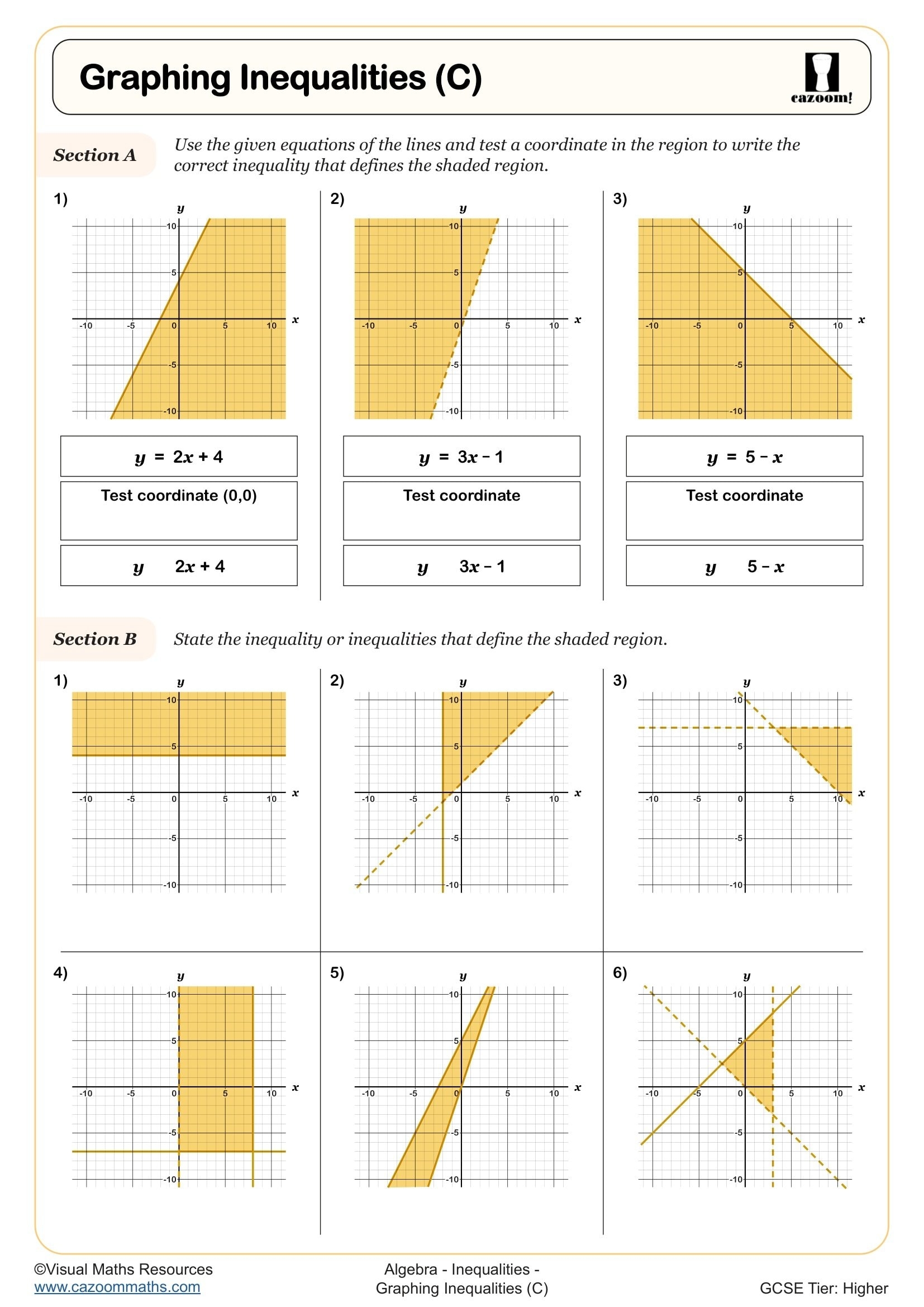 Graphing Inequalities C Worksheet Printable PDF Year 10 And Year 11 Algebra Worksheet