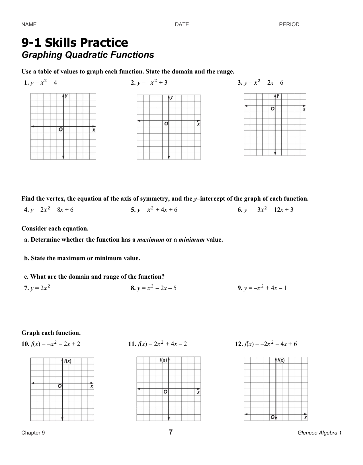 Graphing Quadratic Functions Worksheet Graphing Quadratic Functions Worksheet