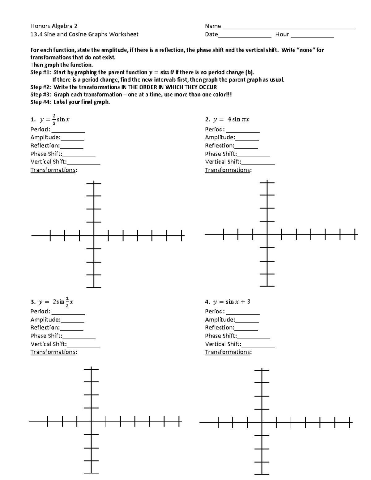 Graphs Of Sine And Cosine Transformations Worksheet Honors Algebra 2 Studocu