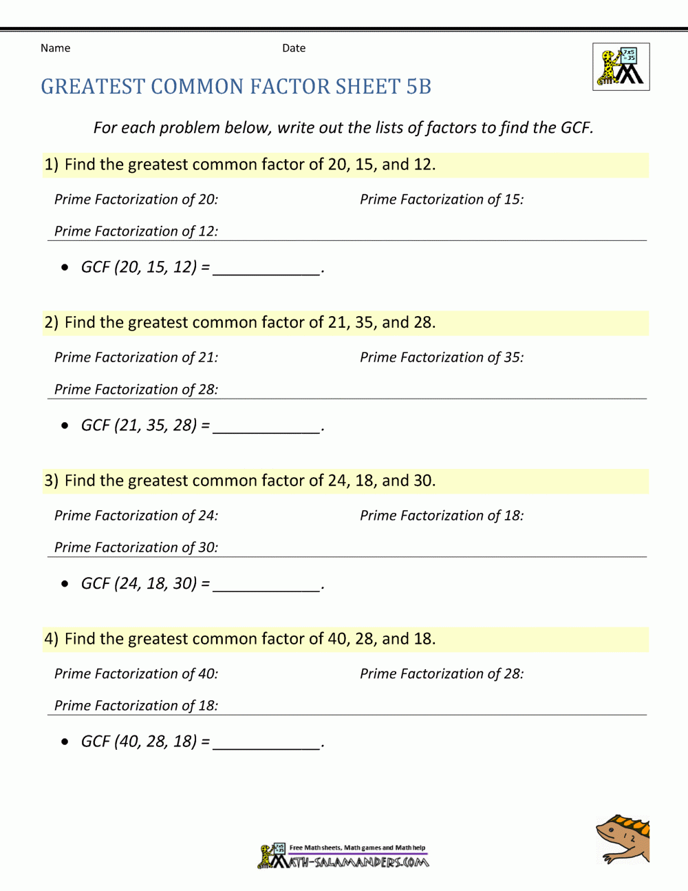 Greatest Common Factor Worksheet Page Greatest Common Factor Worksheet Page