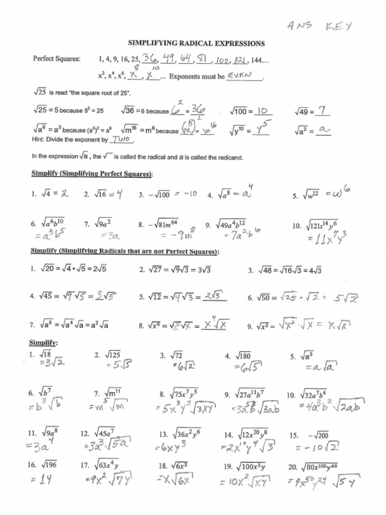 GV Alg I worksheet Answers simplifying Radical expressions PDF Worksheets Library