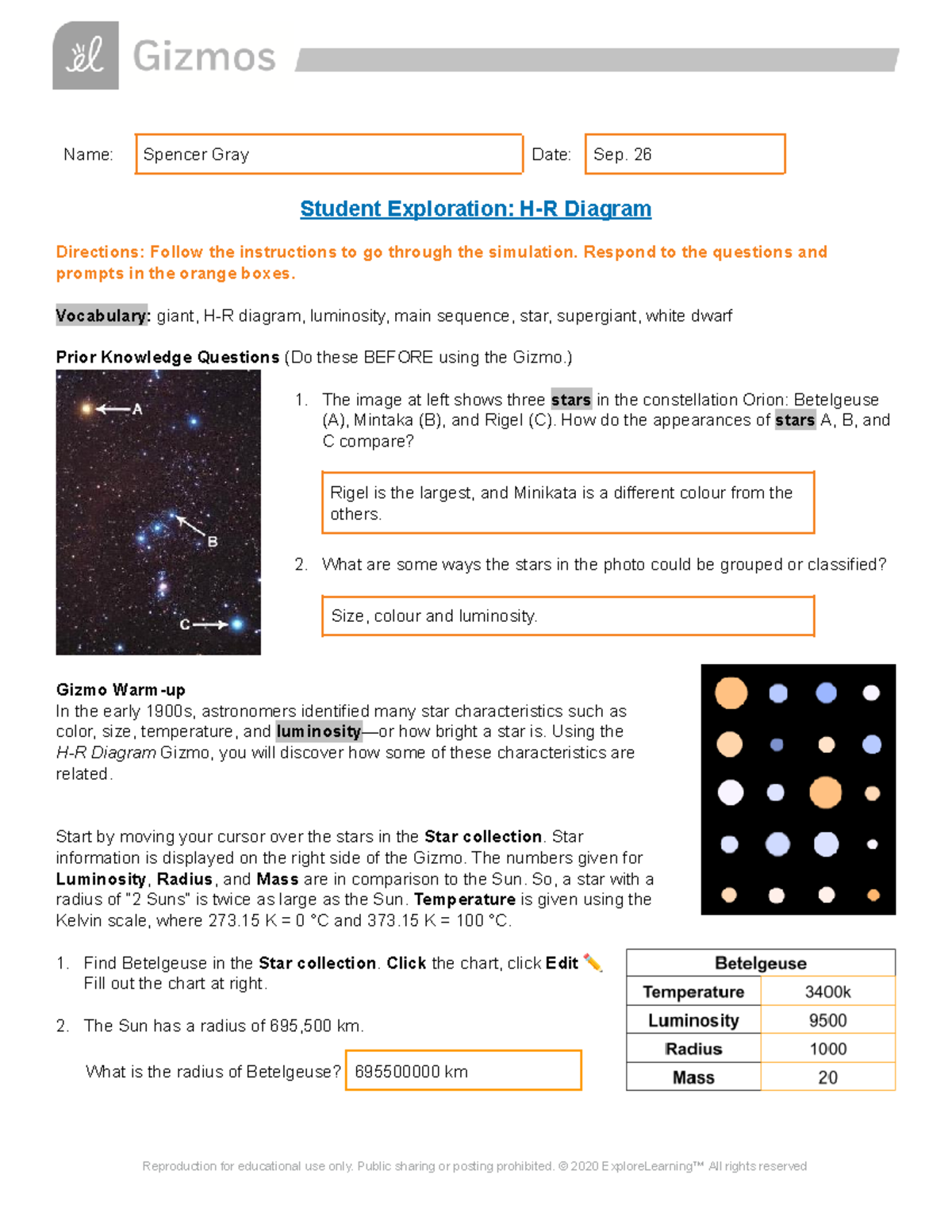 H R Diagram Student Exploration Gizmo Activity Guide Studocu
