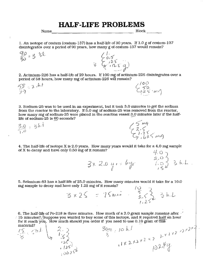 Half Life Problems Worksheet Nuclear Chemistry Practice