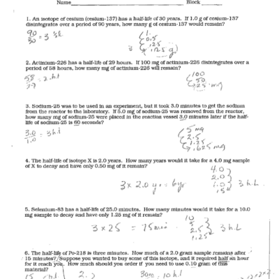 Half Life Problems Worksheet Nuclear Chemistry Practice