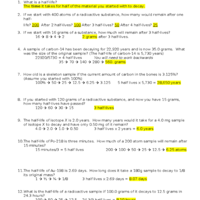 Half Lives Review Worksheet Answer Key For Exam Preparation Studocu