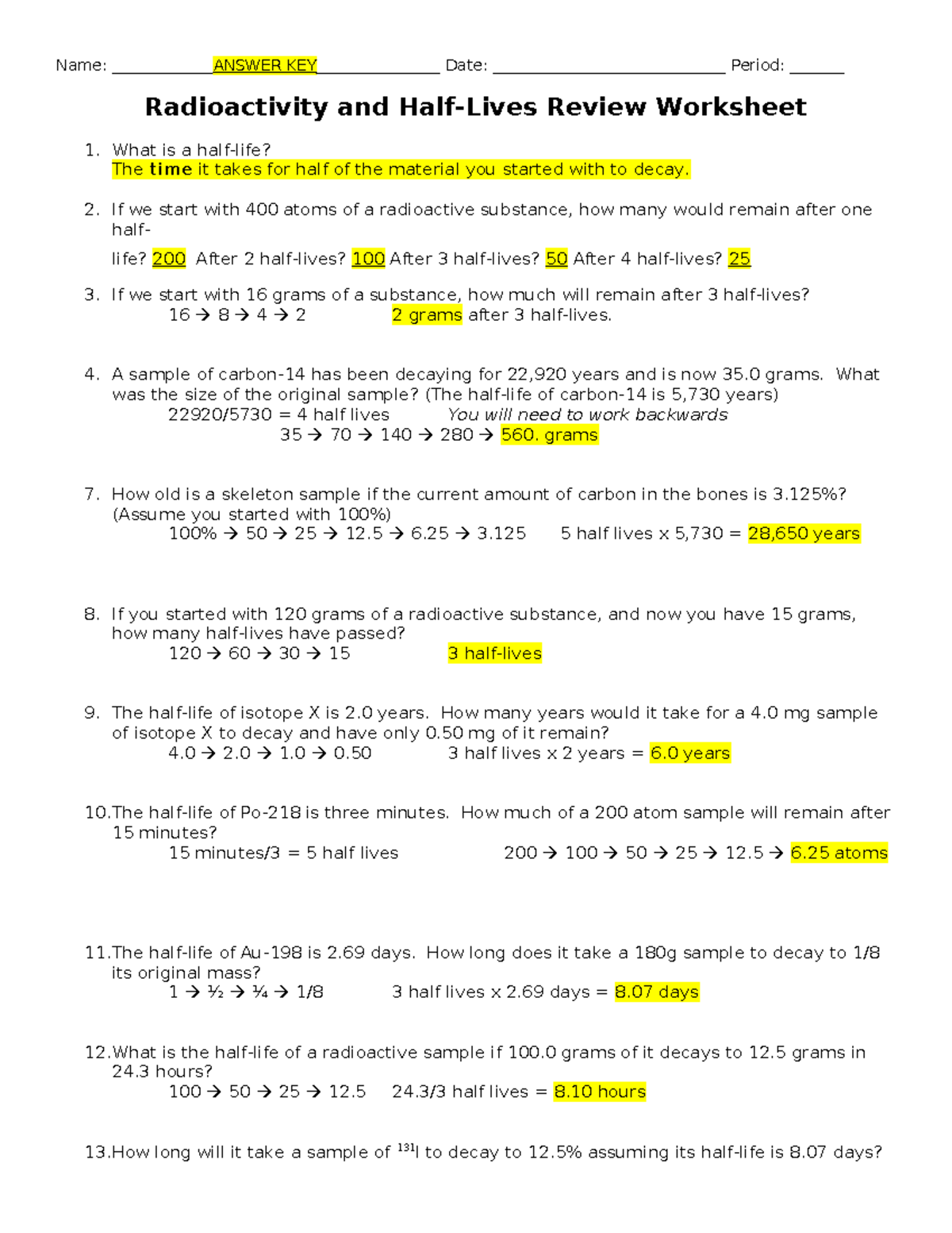 Half Lives Review Worksheet Answer Key For Exam Preparation Studocu Half Lives Review Worksheet Answer Key For Exam Preparation Studocu