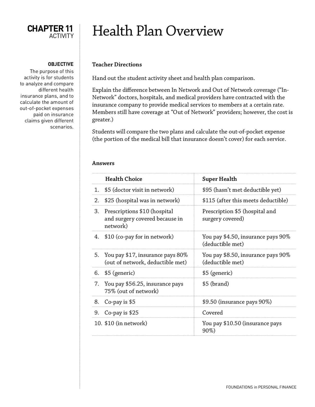 health coverage comparison worksheet answer key