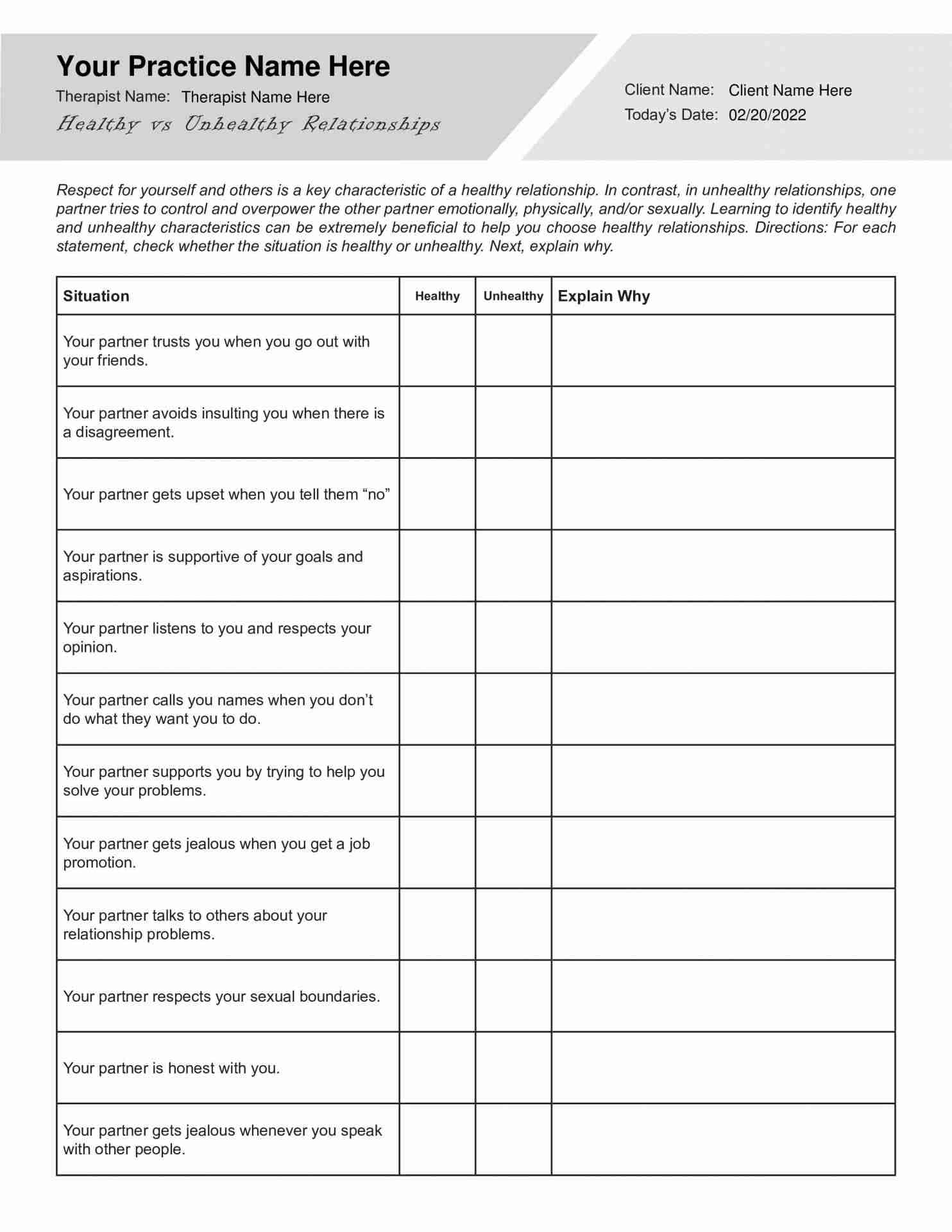 Healthy Vs Unhealthy Relationships Worksheet PDF TherapyByPro