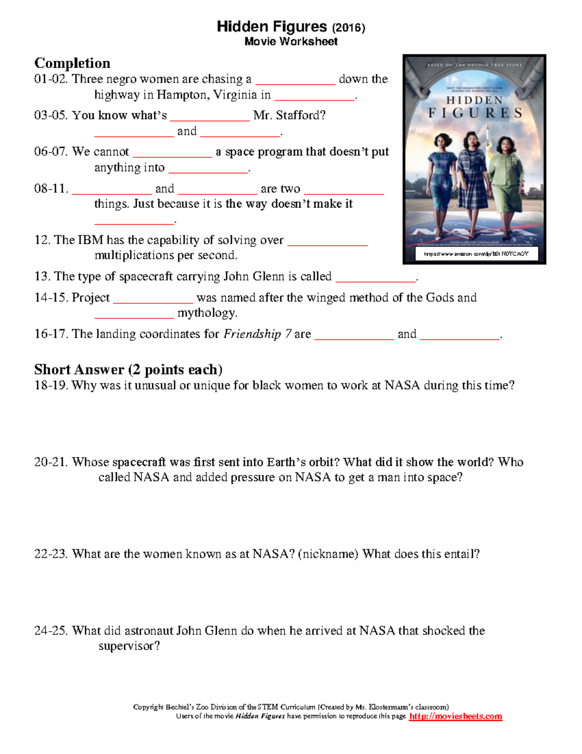 Hidden Figures 2016 Movie Worksheet And Notes Studocu